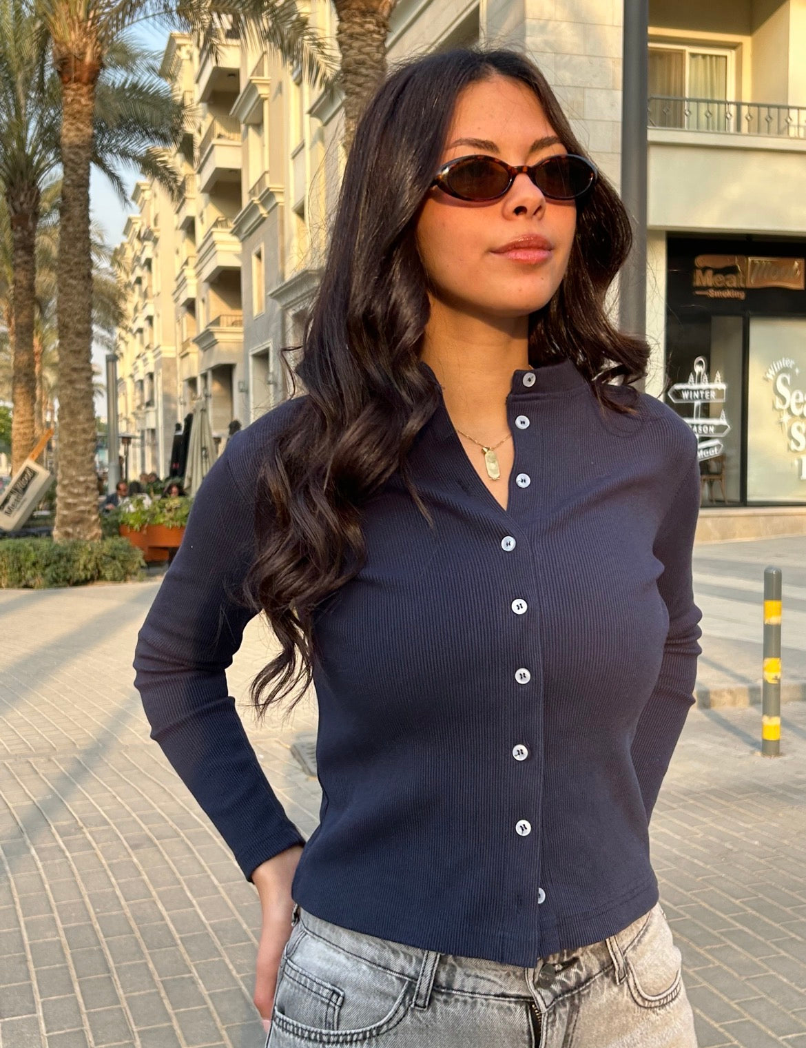 Navy Ribbed Button Up