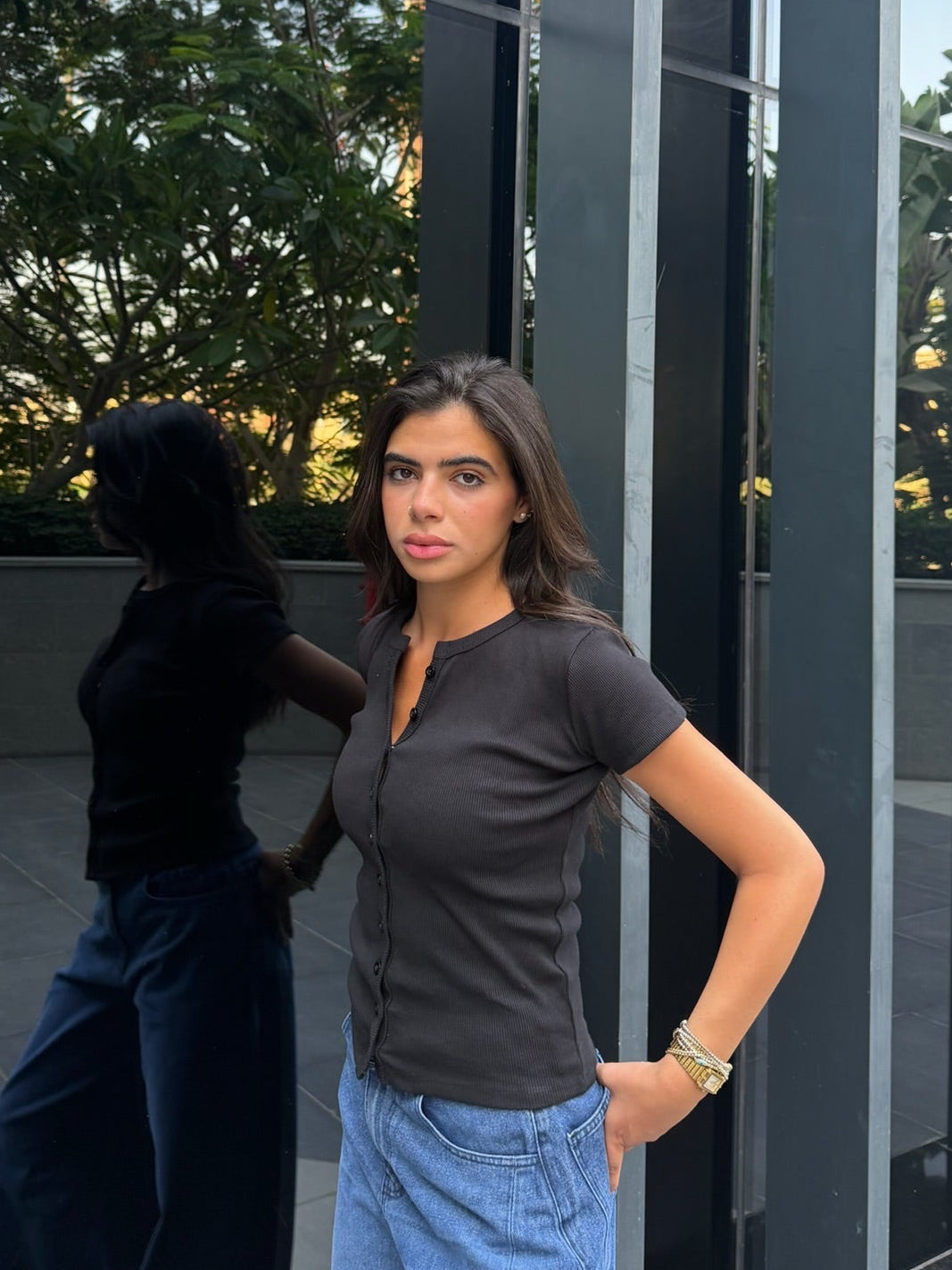 Black Short Sleeve Button-Up