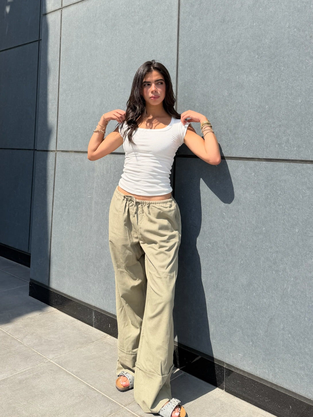 Olive Folded Linen Pants
