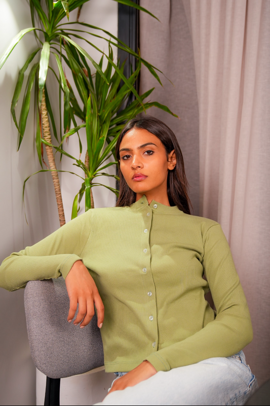 Olive Ribbed Button Up