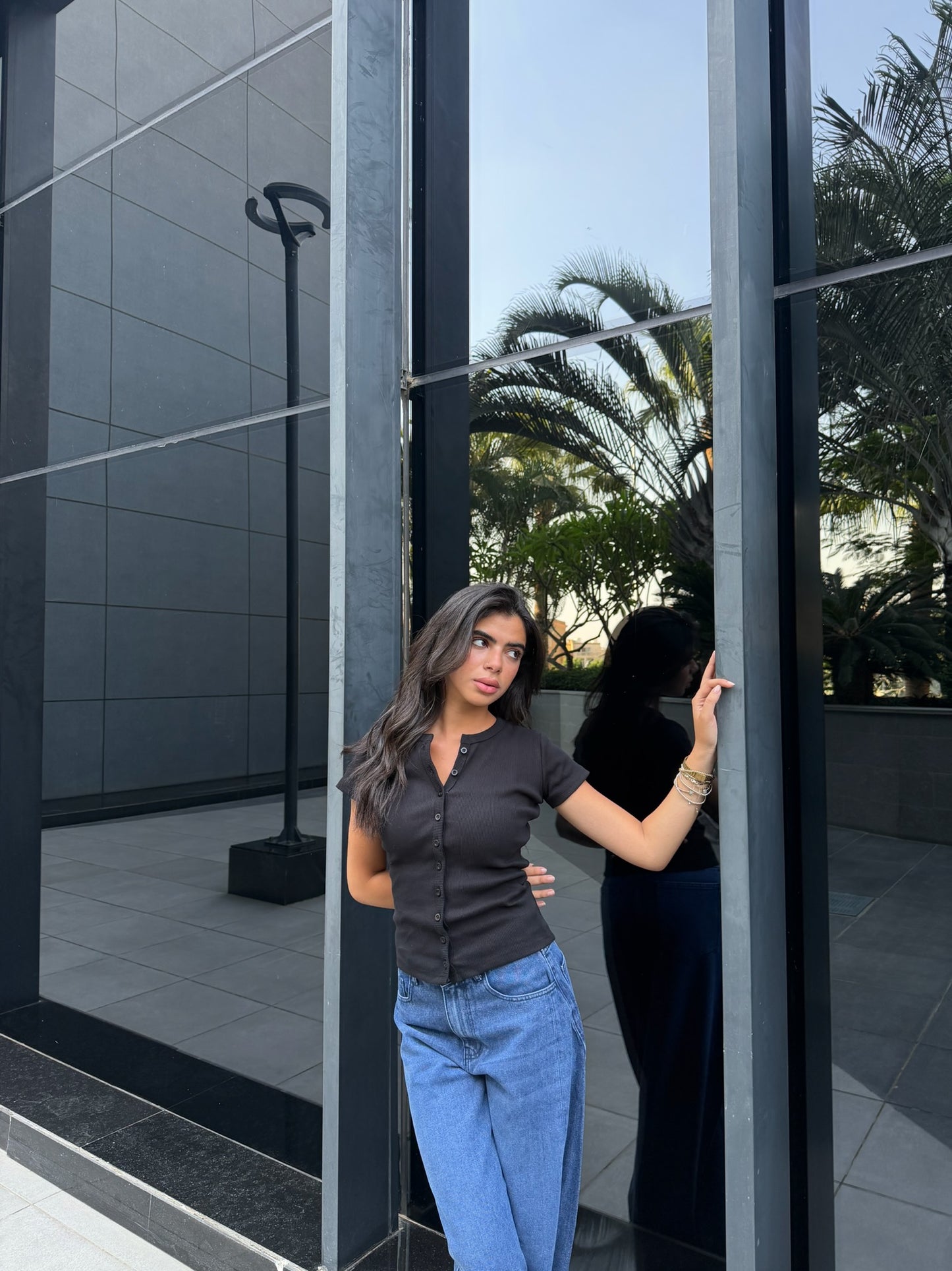 Black Short Sleeve Ribbed Button-Up