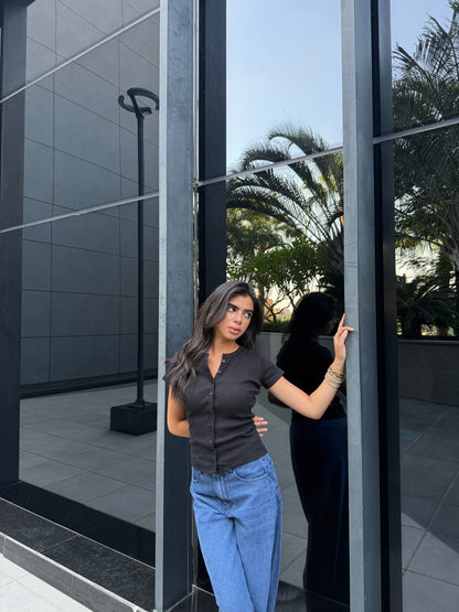 Black Short Sleeve Ribbed Button-Up