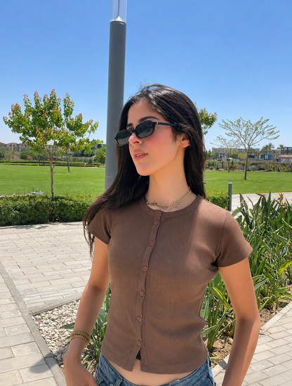 Short Sleeve Ribbed Button-Up