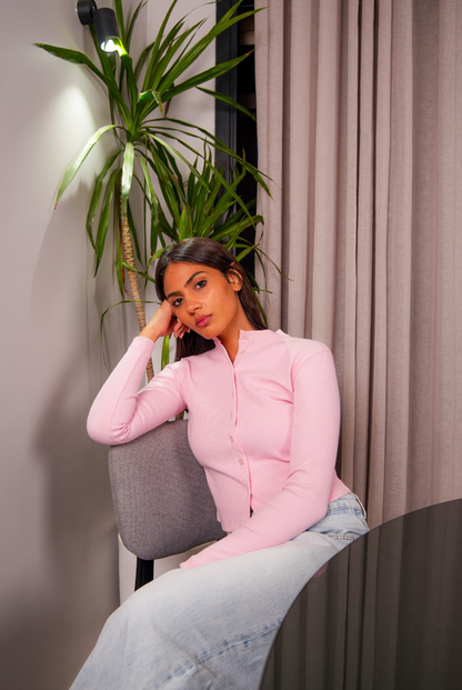 Pink Ribbed Button Up