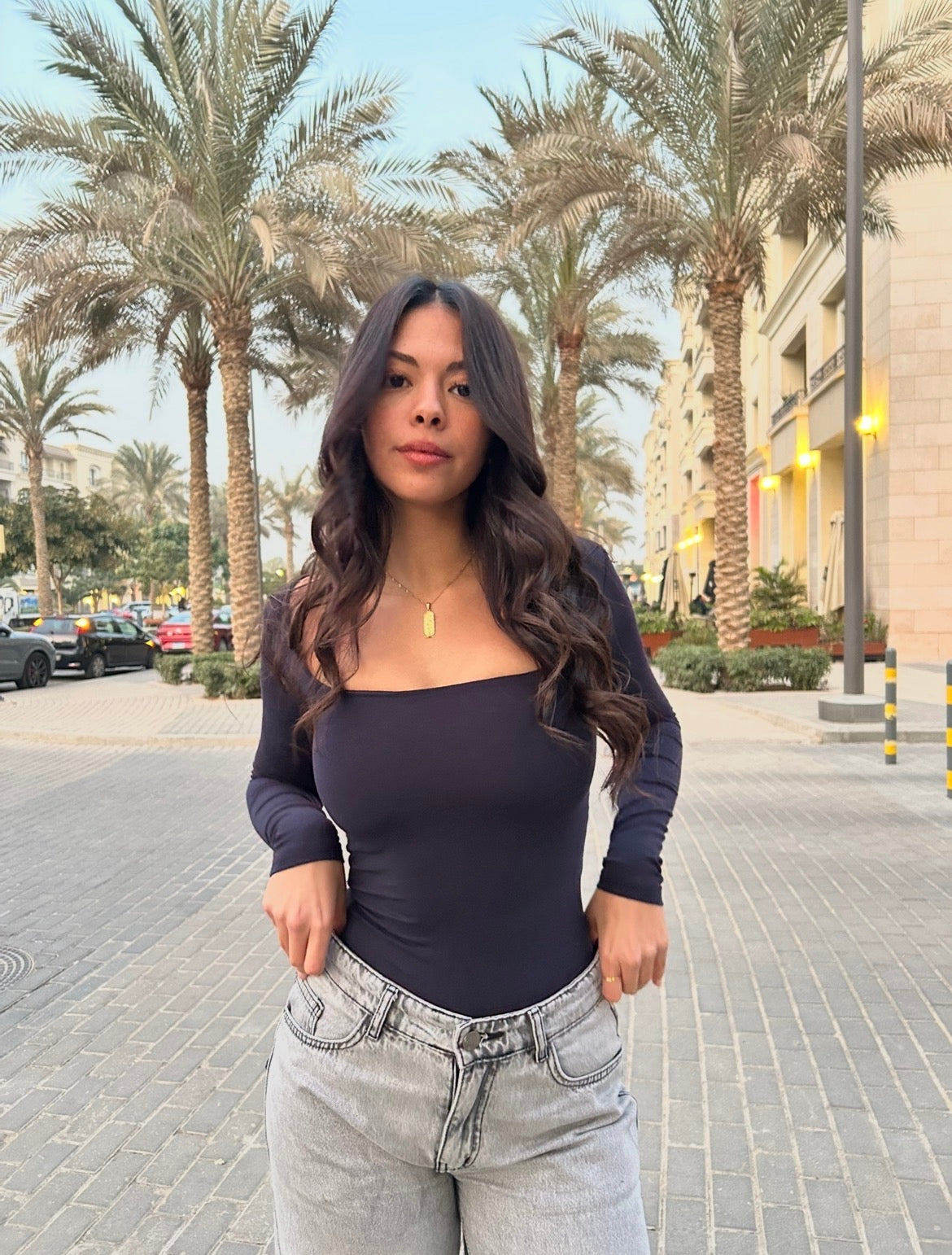 Navy Long Sleeve Square Neck