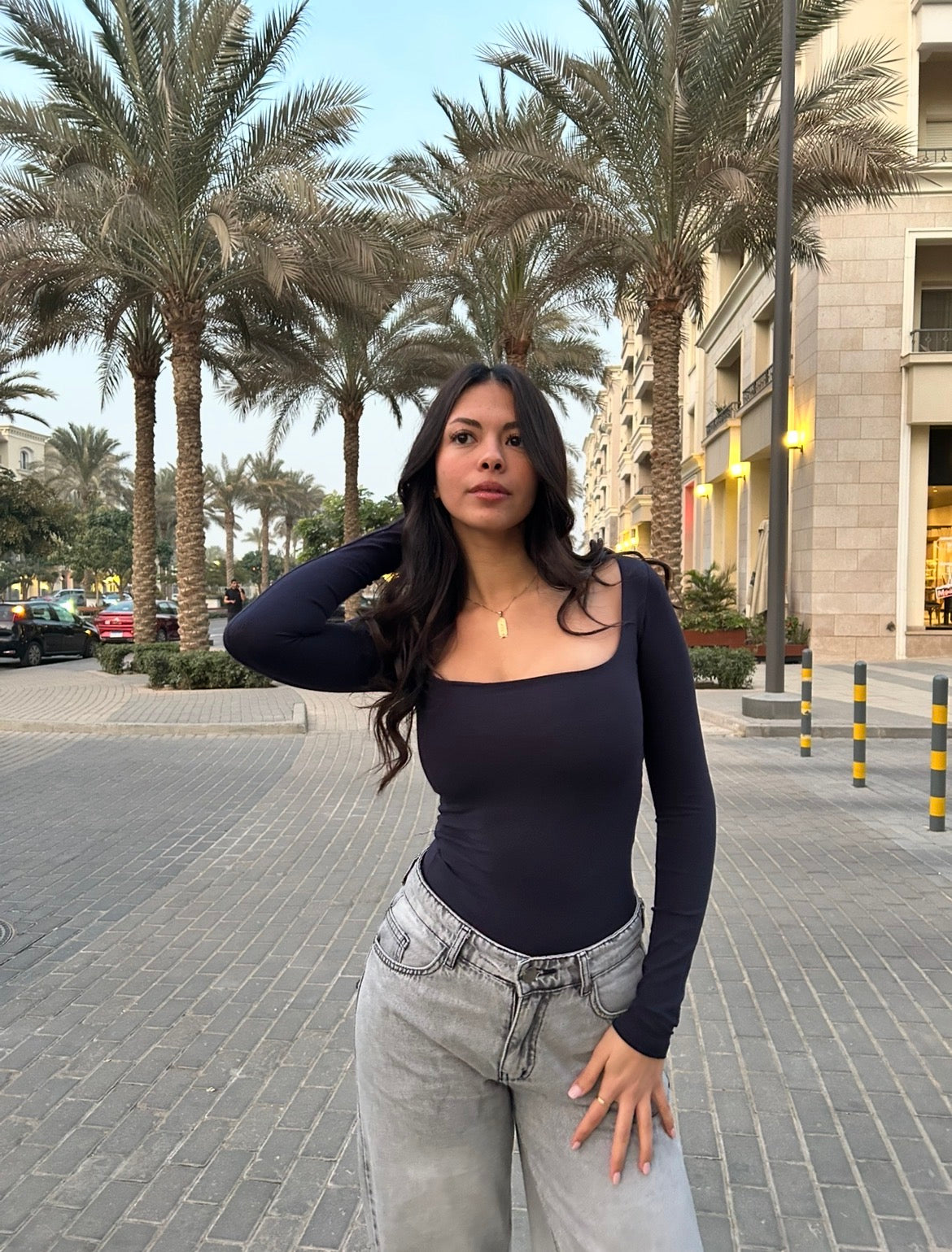 Navy Long Sleeve Square Neck