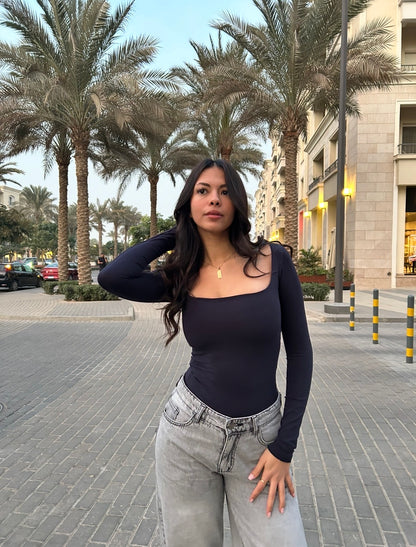 Navy Long Sleeve Square Neck