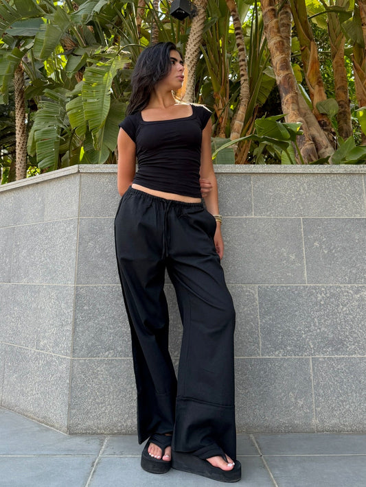 Black Folded Linen Pants