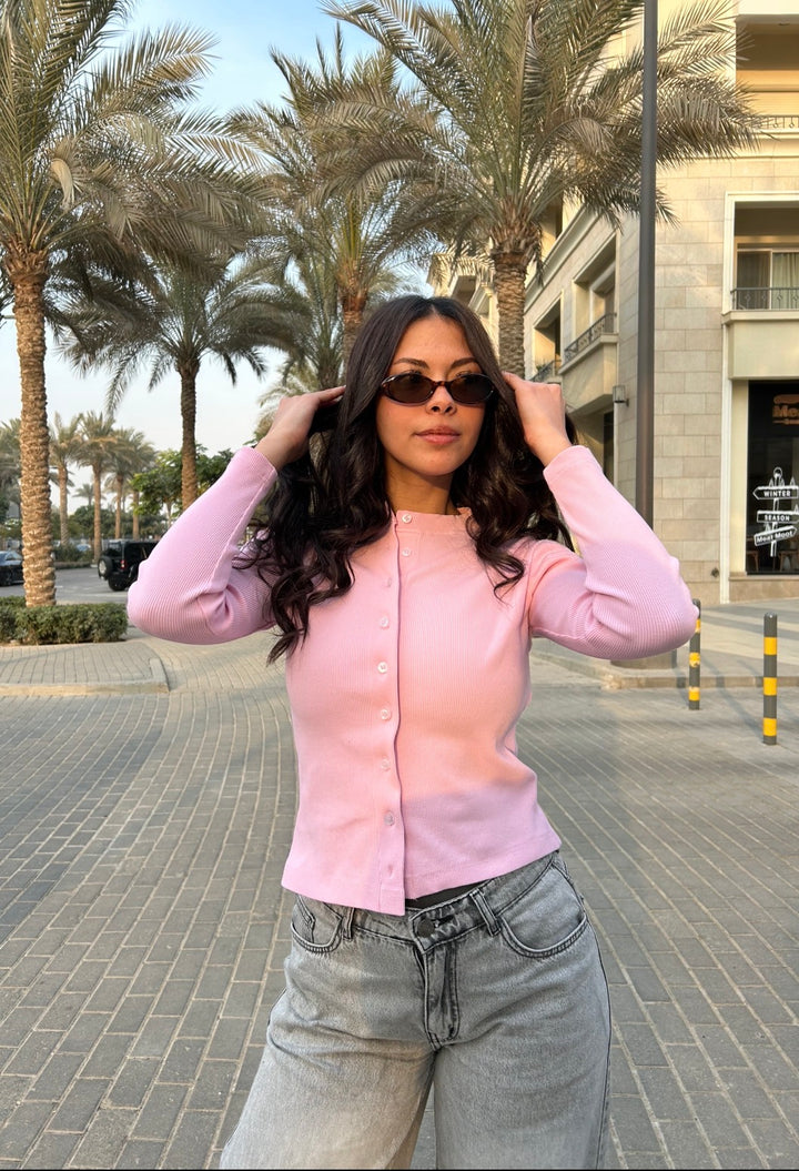 Pink Ribbed Button Up