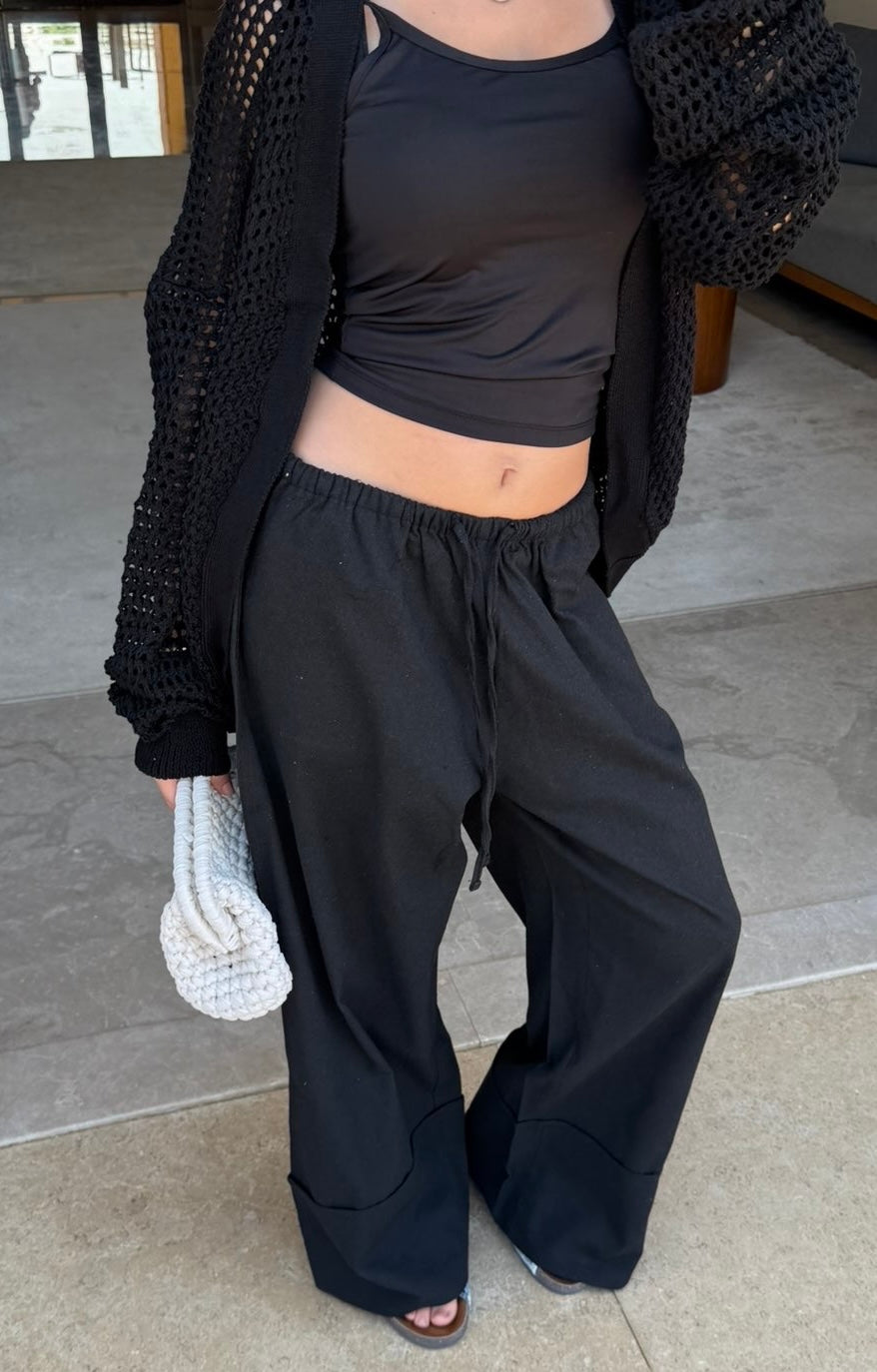 Black Folded Linen Pants