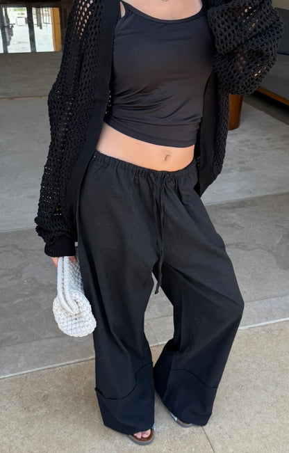 Black Folded Linen Pants