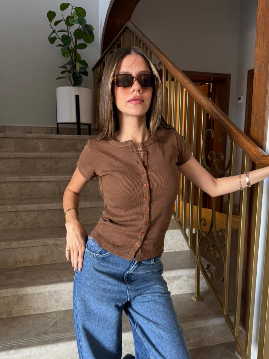 Brown Short Sleeve Button-Up